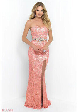 Blush Prom #9932 Coral Pink Lace Embellished Rhinestones Ball Gown Dress Size 6